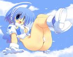  angel ass blue_eyes blue_hair blush bottomless breasts cleavage_cutout cloud copyright_request day flying gloves halo headband maebari medium_breasts open_mouth pussy_peek sakaki_(noi-gren) shoes solo triforce underboob 