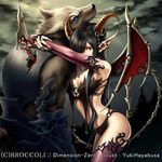  armor black_hair blade blood demon demon_girl detached_sleeves dimension_zero earrings gnoll hair_over_one_eye horns hug impaled jewelry long_hair looking_at_viewer night panties pointy_ears red_eyes solo tail thighhighs underwear werewolf wings yuki_hayabusa 