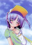  ^_^ blue_sky blush closed_eyes cloud day detached_sleeves eyebrows_visible_through_hair head_tilt long_sleeves magical_girl moetan pastel_ink pop puffy_short_sleeves puffy_sleeves purple_hair short_hair short_sleeves sky solo upper_body visor_cap 