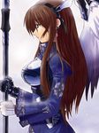  angel_wings armor armored_dress blue_eyes breasts brown_hair cross dress earrings fantasy gloves hairband halberd head_wings inverted_cross jewelry large_breasts latin_cross long_hair minazuki_jiyun original outdoors polearm profile rain solo turtleneck weapon wet wings 