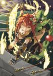  boots breasts cleavage elbow_gloves fantasy fire flower full_moon gloves hair_ornament jewelry looking_at_viewer medium_breasts moon night original red_eyes red_hair smile solo yuu_(yuyukaikan) 