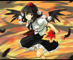  black_feathers black_hair black_wings cowboy_shot fan flying frilled_skirt frills grin hat hauchiwa letterboxed looking_at_viewer pom_pom_(clothes) puffy_short_sleeves puffy_sleeves shameimaru_aya short_hair short_sleeves skirt smile solo tengu tetsu_(kimuchi) tokin_hat touhou wings 