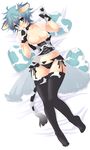  animal_ears animal_print bed black_panties blue_hair breasts cleavage copyright_request corset cow_ears cow_girl cow_print cow_tail garter_belt gloves heart heart_pillow highres horns large_breasts lingerie panties pillow solo tail thighhighs umehara_emika underwear 