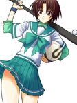  ball baseball_bat brown_eyes brown_hair copyright_request golf minazuki_jiyun school_uniform short_hair smile soccer soccer_ball solo teamgeist 