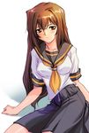  blush brown_eyes brown_hair closed_mouth copyright_request expressionless glasses long_hair looking_at_viewer neckerchief sailor_collar school_uniform short_sleeves simple_background sitting solo urase_shioji white_background 