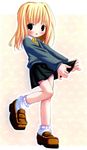  alternate_eye_color black_eyes black_skirt blonde_hair blush brown_footwear full_body harry_potter hermione_granger highres loafers long_sleeves looking_at_viewer outstretched_arms pleated_skirt pop shoes short_hair simple_background skirt socks solo white_background white_legwear 