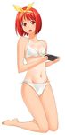  :o a1 barefoot bikini bob_cut bow breasts cleavage embarrassed feet front-tie_top full_body groin hair_ribbon hairband handheld_game_console highres kamigishi_akari legs long_legs navel one-piece_tan open_mouth pink_eyes playing_games playstation_portable red_hair ribbon short_hair side-tie_bikini simple_background small_breasts soles solo surprised swimsuit tan tanline to_heart white_bikini yellow_bow 