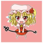  :d ascot blonde_hair blush blush_stickers bococho chibi eyebrows_visible_through_hair fang flandre_scarlet frills full_body hat hat_ribbon holding laevatein looking_at_viewer lowres mob_cap one_side_up open_mouth outline pink_background puffy_short_sleeves puffy_sleeves red_eyes red_ribbon red_skirt red_vest ribbon short_sleeves simple_background skirt slit_pupils smile solo standing touhou tsurime vest wings yellow_neckwear 