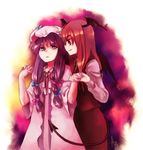  black_skirt bow demon_girl frills hat head_wings holding koakuma long_hair long_sleeves mob_cap multiple_girls patchouli_knowledge pink_bow purple_eyes purple_hair red_eyes red_hair robe simple_background skirt succubus takishima_asaka touhou very_long_hair vest white_background yuri 