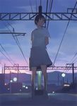  black_hair copyright_request ground_vehicle hand_on_back highres looking_away mountain non-web_source overhead_line power_lines short_hair sky takamichi train train_station twilight 