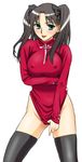  black_legwear bottomless breasts covered_nipples covering covering_crotch fate/stay_night fate_(series) large_breasts no_panties shirt_tug solo thighhighs toosaka_rin turtleneck two_side_up unagimaru 