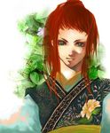  chinese_clothes flower green_eyes hanfu juuni_kokuki leaf long_hair nakajima_youko ponytail red_hair satsuki_hatsuko smile solo 