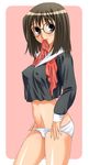  alternate_hair_color blue_eyes blush breasts brown_hair covered_nipples cowboy_shot glasses kurihara_touko long_sleeves medium_breasts mouth_hold no_pants panties panty_pull pink_background school_uniform short_hair solo tenshi_no_inai_12-gatsu unagimaru underwear undressing 