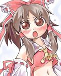  blush bow brown_eyes brown_hair detached_sleeves flying_sweatdrops hair_bow hair_tubes hakurei_reimu long_sleeves lowres midriff navel nyagakiya open_mouth red_bow sidelocks simple_background solo stomach touhou white_background 