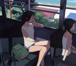  black_hair bus bus_interior copyright_request cutoff_jeans cutoffs denim denim_shorts ground_vehicle highres motor_vehicle multiple_girls short_hair shorts takamichi 