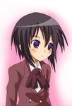  bamboo_blade black_hair blazer bow bowtie brown_bow brown_neckwear buttons jacket kawazoe_tamaki long_sleeves massala purple_eyes short_hair simple_background solo upper_body white_background 