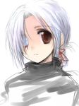 ;o blush hair_ribbon hara_takehito looking_at_viewer one_eye_closed original parted_lips red_eyes red_ribbon ribbon short_hair silver_hair simple_background sketch solo sweater turtleneck white_background 