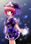  alternate_costume animal_print butterfly_print collarbone emurin frilled_sleeves frills glowing hat looking_at_viewer magic mob_cap saigyouji_yuyuko shorts solo standing touhou triangular_headpiece wide_sleeves 