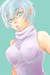  aqua_eyes aqua_hair armpits breasts covered_nipples glasses large_breasts lips lipstick makeup mole mole_under_eye open_mouth original sabusuka short_hair simple_background sleeveless sleeveless_turtleneck solo turtleneck 