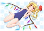  barefoot blonde_hair blush bonnet cameltoe flandre_scarlet flat_chest hat one-piece_swimsuit one_side_up ponytail red_eyes school_swimsuit short_hair sin-go solo swimsuit touhou wings 