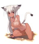  animal_ears barefoot breast_hold breasts cat_ears cat_tail covered_nipples dark_skin kokage-san kusaka_kokage large_breasts long_hair no_pants original red_eyes solo tail tank_top white_hair 