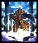  backlighting cape crusader dress full_body glowing grand_cross light long_sleeves looking_at_viewer night night_sky orange_dress pillar ragnarok_online sky solo standing star_(sky) starry_sky 