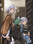  1girl androgynous bespectacled book bookshelf brother_and_sister genius_sage glasses hidematsu_(fsc) library refill_sage siblings silver_hair tales_of_(series) tales_of_symphonia 