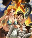  1girl arm_around_neck bandages bangle bikini_top blush bracelet breast_press breasts brown_eyes brown_hair facial_tattoo fangs fire forked_tongue giant_snake hand_on_hip jewelry kagami_hirotaka large_breasts log_pose long_hair nami_(one_piece) nola_(one_piece) one_eye_closed one_piece orange_hair smile snake swimsuit tattoo tongue twintails wiper 