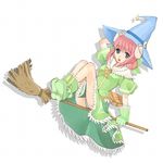  animal_ears artist_request blue_eyes boots broom broom_riding double_bun dress full_body gloves green_footwear hat horns open_mouth panties pantyshot pink_hair sheep_(trickster) sheep_ears sidesaddle simple_background solo striped striped_panties trickster underwear upskirt white_background witch_hat 