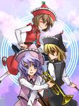  blonde_hair brown_hair hat instrument inuinui keyboard_(instrument) lunasa_prismriver lyrica_prismriver merlin_prismriver multiple_girls purple_hair short_hair siblings sisters touhou trumpet violin 