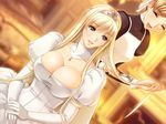  aqua_eyes blonde_hair breasts bursting_breasts cleavage crown dress dutch_angle elbow_gloves game_cg gloves gown hair_brush hair_brushing huge_breasts lips maid multiple_girls princess princess_juliette queen_bonjourno sano_toshihide smile 