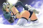  ass bent_over bikini black_gloves copyright_request elbow_gloves eyepatch fingerless_gloves from_behind gloves haku_(sabosoda) hand_on_hip headdress looking_back necktie pirate pointy_ears short_hair sky solo swimsuit thighhighs water 