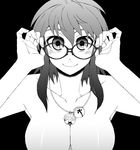  adjusting_eyewear breasts cleavage glasses greyscale kusanagi_tonbo large_breasts monochrome nude original out-of-frame_censoring solo upper_body 