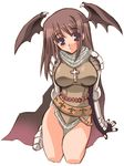 bare_legs bat_wings breasts cross cross_necklace demon_girl full_body gauntlets hakoiri_nyanko head_wings jewelry kneeling knight knight_(ragnarok_online) large_breasts long_sleeves looking_at_viewer necklace ragnarok_online simple_background solo succubus taut_clothes white_background wings 