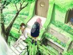  backpack bag boots brown_hair cat day doorway flower frills green long_hair multiple_girls nature original outdoors overgrown pink_hair plant ribbon sitting sitting_on_stairs stairs tree treehouse vines water waterfall yohsuke_(kanoto_yousuke) 