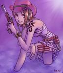  antique_firearm belt dress face firearm firelock flintlock gun ha-ru handgun hat holding holding_gun holding_weapon left-handed log_pose nami_(one_piece) one_piece orange_hair pistol short_hair solo tattoo water weapon 