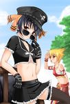  cabbie_hat cloud cosplay day gloves hard_gay hard_gay_(cosplay) hat igul kooh lola_(pangya) midriff multiple_girls pangya sky sunglasses thighhighs 