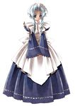  antenna_hair apron bangs blue_dress blue_eyes blue_hair carnelian closed_mouth dark_skin dress drill_hair forehead_jewel full_body headdress highres juliet_sleeves long_hair long_sleeves looking_at_viewer maid mariel_(yamibou) parted_bangs puffy_sleeves ribbon ribbon-trimmed_sleeves ribbon_trim simple_background sleeves_past_wrists smile solo standing tareme twin_drills v_arms white_apron white_background white_ribbon wide_sleeves yami_to_boushi_to_hon_no_tabibito 