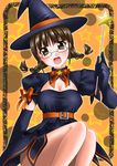  :d akizuki_ritsuko belt blush braid breasts brown_eyes brown_hair cleavage dress elbow_gloves glasses gloves halloween hat idolmaster idolmaster_(classic) idolmaster_1 itsuki_sayaka knees_together large_breasts looking_at_viewer neck_ribbon open_mouth ribbon short_hair smile solo star twin_braids wand witch_hat 