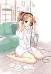  ayano_naoto barefoot bottomless copyright_request digital_media_player dress_shirt headphones ipod open_clothes open_shirt shirt solo 