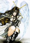  alexiel angel angel_sanctuary angel_wings artbook blue_eyes boots brown_hair dress gloves long_hair rod solo wavy_hair wings yuki_kaori 