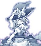  blue broom grin hand_on_headwear hase_nanase hat kirisame_marisa looking_at_viewer monochrome smile solo touhou witch_hat 