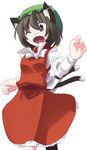  animal_ears brown_hair cat_ears cat_tail chen earrings fang hat jewelry multiple_tails short_hair solo tail takuzui touhou 