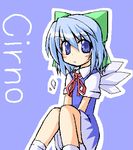  blue_background blue_dress blue_eyes blue_hair bow character_name cirno dress hair_bow ice ice_wings looking_at_viewer lowres red_ribbon ribbon short_hair short_sleeves sitting solo touhou v_arms wings yuuhi_alpha 