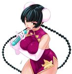  braid breast_hold breast_squeeze breasts bun_cover china_dress chinese_clothes covered_nipples double_bun dress elbow_gloves gloves gundam gundam_00 huge_breasts mizuki_gyokuran phallic_symbol pinky_out sexually_suggestive side_slit solo thighs twin_braids wang_liu_mei 