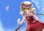  blonde_hair blue_sky bug butterfly cloud crystal day dress enpou flandre_scarlet frills from_below hat insect looking_afar looking_up mob_cap puffy_short_sleeves puffy_sleeves red_dress short_hair short_sleeves sky solo touhou wings 