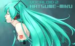  aqua_hair aqua_neckwear character_name closed_eyes collared_shirt copyright_name detached_sleeves from_side gradient gradient_background green_hair grey_shirt hair_ornament hatsune_miku headphones long_hair microphone music necktie number profile shirt singing solo tanaka_hirotaka tattoo twintails vocaloid wallpaper 