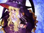  blonde_hair blush carnelian extra_eyes hat lilith_(yamibou) long_hair long_sleeves looking_at_viewer purple_eyes solo thighhighs very_long_hair witch_hat yami_to_boushi_to_hon_no_tabibito 