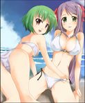  :d all_fours ass back bandeau bangs bare_shoulders beach bikini blush breasts cleavage cloud covered_nipples day fingernails green_eyes green_hair grey_hair hair_ribbon hand_under_clothes hand_under_swimsuit long_fingernails long_hair medium_breasts misaki_takahiro multiple_girls on_ground open_mouth original outdoors parted_bangs red_eyes ribbon short_hair side-tie_bikini sideboob sitting sky small_breasts smile spread_legs swimsuit underboob very_long_hair wariza water white_bikini yuri 