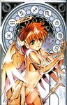  adapted_costume angel angel_wings armor bikini_armor bow_(weapon) breasts cleavage future_studio_(artist) genderswap genderswap_(mtf) gold_armor gold_saint green_eyes halo helm helmet medium_breasts midriff mu_fengchun orange_hair sagittarius_aioros saint_seiya shiny short_hair solo weapon wings zodiac 